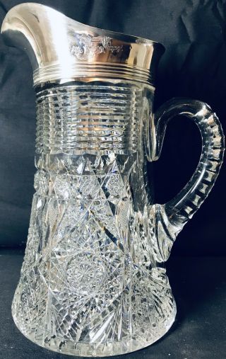 Antique Superior Hoare Sterling Silver Rim Heavy 7lb Cut Glass Champagne Pitcher
