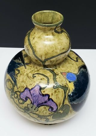 Antique Art Nouveau Rozenburg Gouda Art Pottery Vase w Birds 7.  5 