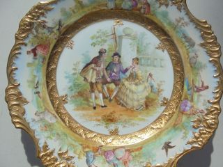Very Fine Antique Dresden Porcelain HP Plate Courting Scene Gold Encrusted 9 7/8 2