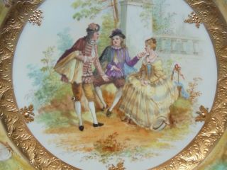 Very Fine Antique Dresden Porcelain HP Plate Courting Scene Gold Encrusted 9 7/8 3