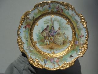 Very Fine Antique Dresden Porcelain HP Plate Courting Scene Gold Encrusted 9 7/8 4