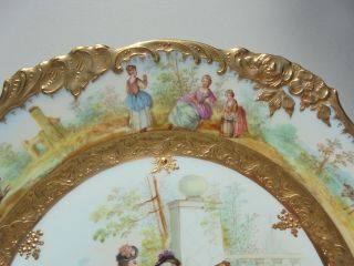Very Fine Antique Dresden Porcelain HP Plate Courting Scene Gold Encrusted 9 7/8 5