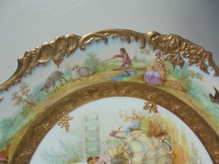 Very Fine Antique Dresden Porcelain HP Plate Courting Scene Gold Encrusted 9 7/8 6