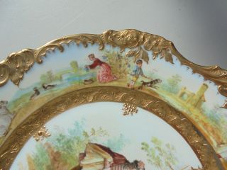 Very Fine Antique Dresden Porcelain HP Plate Courting Scene Gold Encrusted 9 7/8 7