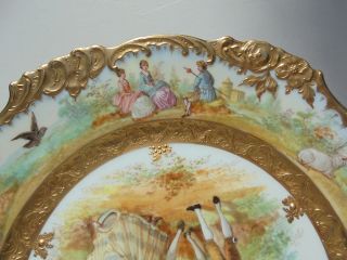 Very Fine Antique Dresden Porcelain HP Plate Courting Scene Gold Encrusted 9 7/8 8
