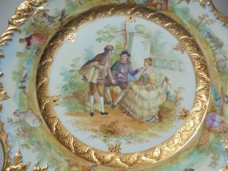 Very Fine Antique Dresden Porcelain HP Plate Courting Scene Gold Encrusted 9 7/8 9