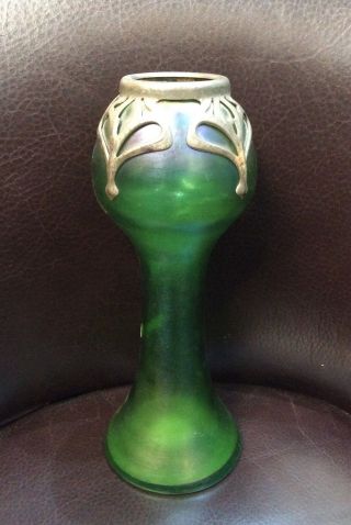 Antique Art Nouveau Vase In Iridescent Glass With Metal Frame