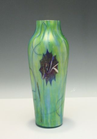 Loetz Cased Art Glass Vase Green Iridescent Threaded & Flowers Pallme Konig