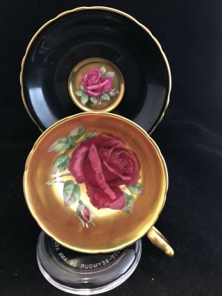 Paragon Large Black Gold Floating Rose Cup & Saucer 2