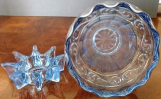 Cambridge Glass Large Blue Flower Frog Holder Vase,  & Perfect 6