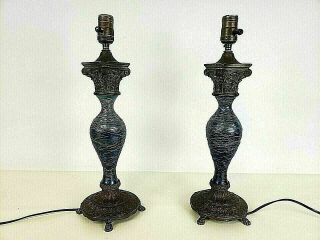 Pair Victor Durand Blue Aurene Glass Table Lamps Aqua Turquoise Purple Tones