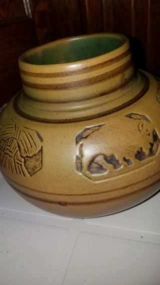 Vintage North Dakota School of Mines Art Pottery Vase.  6 carved panels around 5
