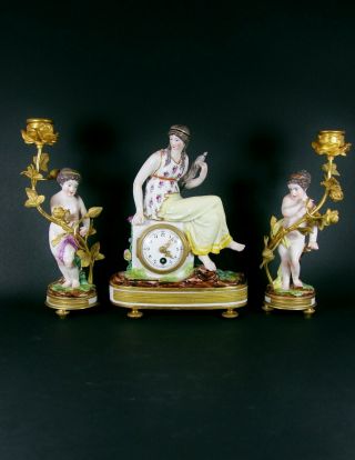Magnificent Royal Vienna Porcelain Clock Set.  Mid - 19th Century.