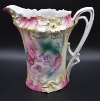Rs Prussia German Carnation Mold Pink Poppies & Gold 8 1/2 " Lemonade Pitcher