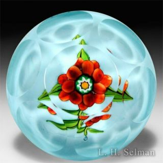 Ronald Hansen Red Flower On Light Blue Cushion Ground Faceted Paperweight