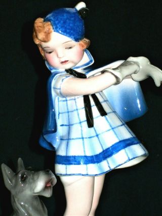 Antique Austria Goldscheider Art Deco Girl With Terrier Dog Ceramic Figurine.