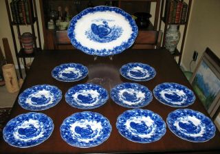 Antique Wedgewood Slate Flow Blue Clytie 18 " Turkey Platter W/ 10 Dinner Plates