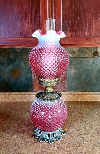 Fenton Cranberry Opalescent Art Glass Hobnail Parlor/ Gone With The Wind Lamp &