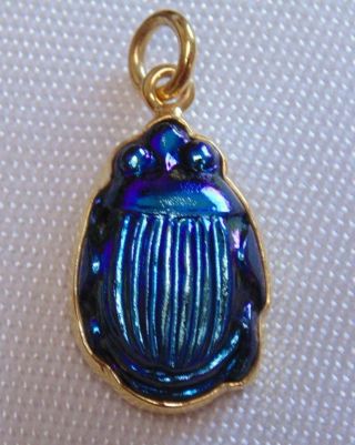 Antique Tiffany Cobalt Blue Favrile Art Glass Scarab Sterling Vermeil Pendant