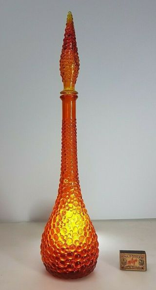 Vintage Retro Empoli Blood Orange Glass Hobnail Genie Bottle,  Decanter & Stopper