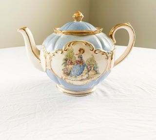 Sadler England Teapot Creamer Country Girl Blue Gold Vintage 2