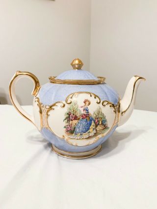Sadler England Teapot Creamer Country Girl Blue Gold Vintage 6