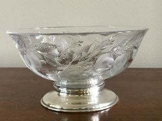 Rare Signed Hawkes Intaglio Cut Glass 8 " Fruit Bowl With Sterling Silverbase