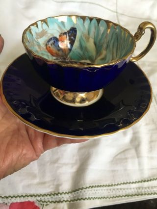 Very Rare Aynsley Cobalt Blue Butterfly On Chrisanthemum Cup & Saucer