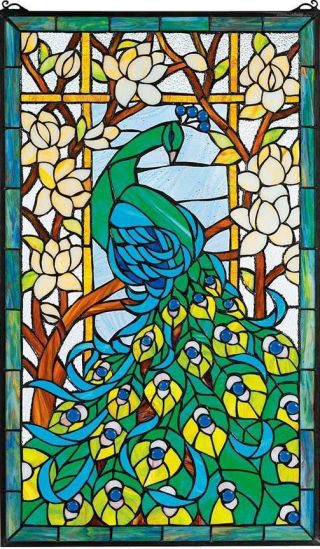 Majestic Peacock Hand - Crafted Magnolias Lotus 23x35 " Stained Glass Window Panel