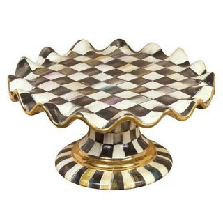 Mackenzie Childs Courtly Check Ceramic Fluted Cake Stand -