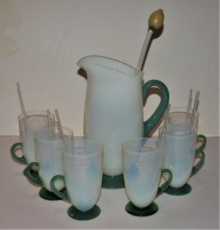 Vintage Lemonade Set With 6 Glasses,  Pitcher & Stirrers,  Opalescent Green Glass