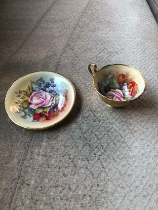 Rare Aynsley Tea Cup And Saucer Gold Leaf W/ Flowers Roses Signed Bailey Wow