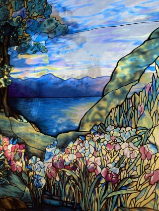 Louis Comfort Tiffany Antique Stained Glass Picture Of Rainbow & Irises 5