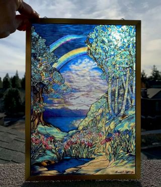Louis Comfort Tiffany Antique Stained Glass Picture Of Rainbow & Irises 6