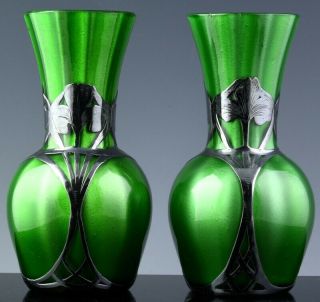Fine C1900 Alvin.  999 Sterling Silver Mounted Loetz Iridescent Art Glass Vases