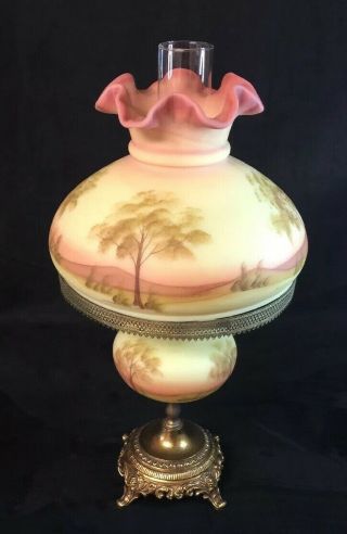 Fenton Burmese Lamp Hand Painted By Connie Ash 1974 1533 Table Student Lamp