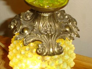 FENTON VASELINE HOBNAIL OPALESCENT GLASS LAMP W/LIGHTING IN THE SHADE & BASE. 12