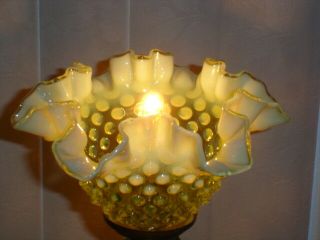 FENTON VASELINE HOBNAIL OPALESCENT GLASS LAMP W/LIGHTING IN THE SHADE & BASE. 3