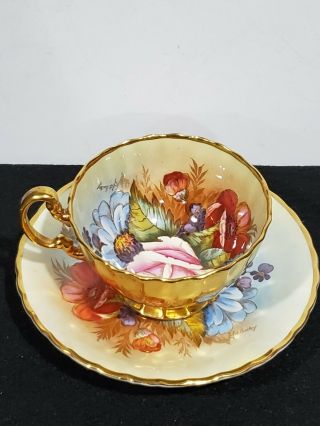 Aynsley Signed J.  A Bailey China Tea Cup & Saucer Cabbage Rose & Flowers 2