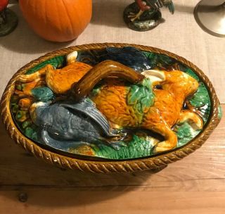 Antique Minton Majolica Game Pie Dish; Hare And Duck Ornamentation