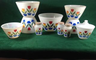 Vintage 11 Pc Set Fire King Tulip Nesting Bowls Grease Jar W/ Lid & 3 Shakers
