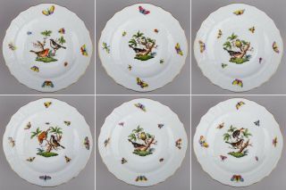Set Of Six Herend Rothschild Bird Dessert Plates 1518/ro