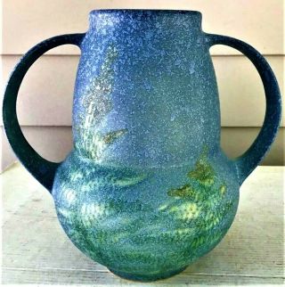 Roseville Art Pottery Blue Arts Crafts Windsor Ferns Loop Handle 7 " Vase
