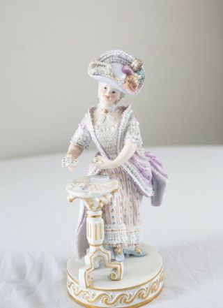 Meissen Antique Figurine Table Cards Porcelain Lace Purple Dress RARE 5