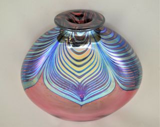 Stuart Abelman Art Glass Vase Pulled Peacock Feather Purple