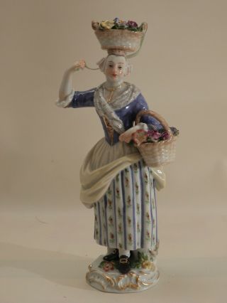 Antique 1st Quality Meissen Figurine Flower Basket In Hand & On Head