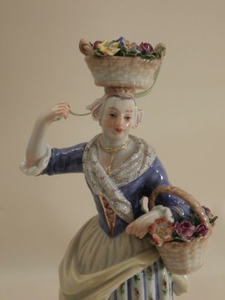 Antique 1st Quality Meissen Figurine Flower Basket in hand & on head 2