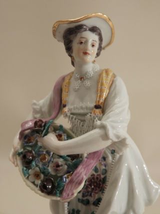 Antique 1st Quality Meissen Figurine Lady w Basket of flowers & ribbon 2