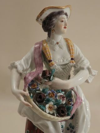 Antique 1st Quality Meissen Figurine Lady w Basket of flowers & ribbon 3
