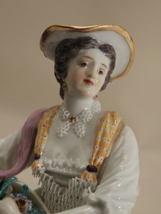 Antique 1st Quality Meissen Figurine Lady w Basket of flowers & ribbon 9